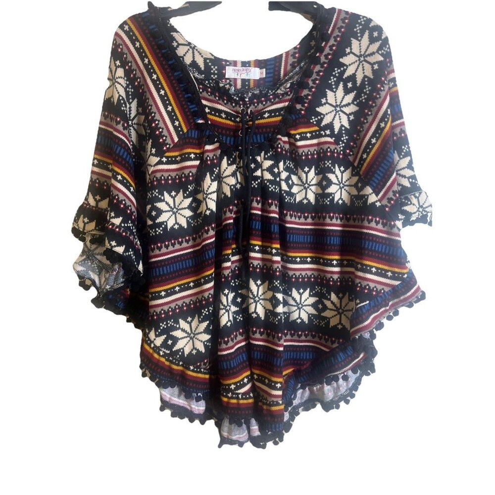 FUNKY PEOPLE Medium Poncho Style Ruffle Hem Pom Pom Ball Fringe Women’s Boho